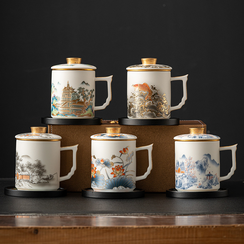 Cốc văn phòng sứ ngọc bích mỡ cừu cao cấp cốc pha trà gốm sứ tách trà cốc nước họp kinh doanh quà tặng cao cấp