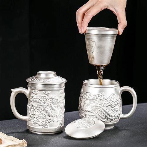 Bộ trà quà tặng cốc bạc thật ví bạc cốc trà bạc có nắp lọc sứ mạ bạc tách nước cốc văn phòng tách trà