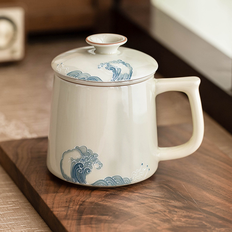 Cốc văn phòng chạm khắc sóng biển xếp chồng vẽ tay cốc tách trà gia dụng cốc uống nước cá nhân cao cấp có nắp