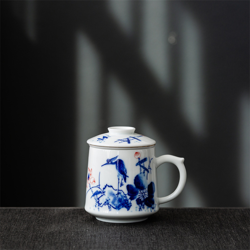 Cốc nước sứ trắng xanh, trà văn phòng, cốc gốm sứ màu Jingdezhen, quà tặng cổ, cốc tách tay, bán buôn