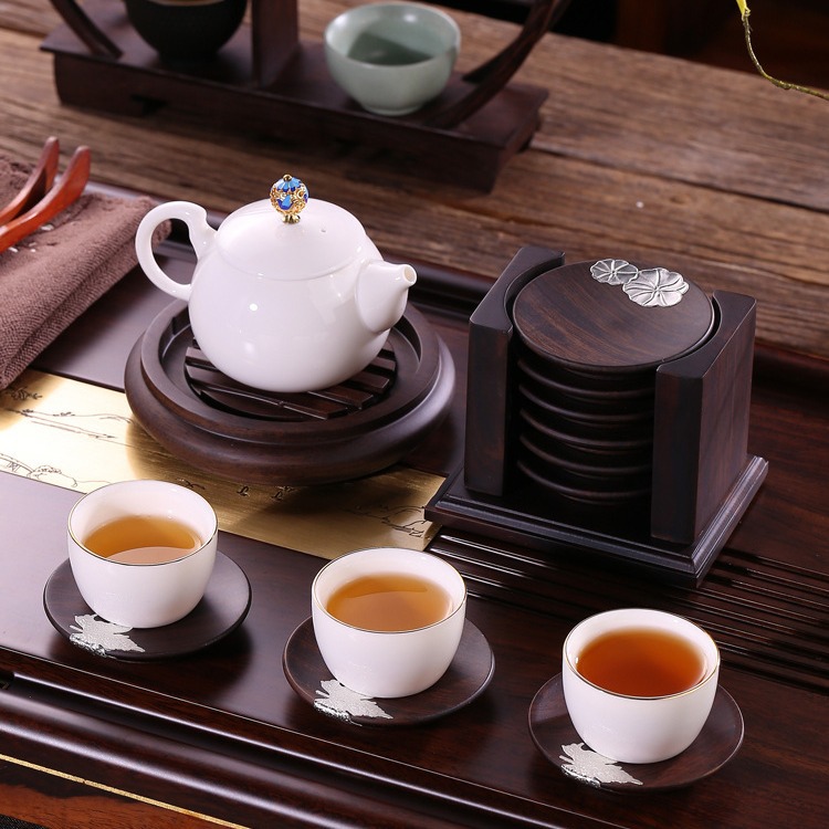 Tấm lót tách trà gỗ nguyên khối bằng gỗ Đàn hương đen, Tấm Lót tách trà, tấm cách nhiệt, tấm lót bát, Tấm Lót Bộ trà Kung Fu, Tấm Lót trà, hình tròn 6 miếng