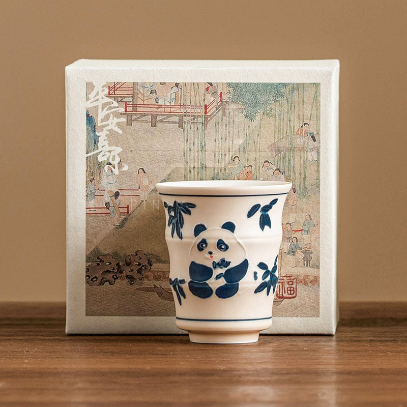 Cốc tre gấu trúc vẽ tay, tách trà, tách trà, tách trà cao cấp, bộ trà kung fu dung tích lớn không nóng tay