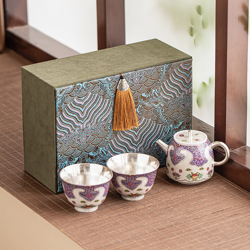 Bộ ấm trà Kung Fu tráng men cloisonné cực kỳ nguyên chất 999 ấm trà sang trọng nhẹ mạ bạc một ấm hai cốc hộp quà