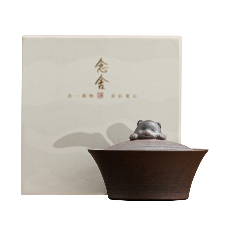 Bát nắp gấu nhị tài phong cách Trung Quốc cổ điển thủ công gốm thô cũ bùn đá bát trà bộ trà kungfu gia dụng hộp quà