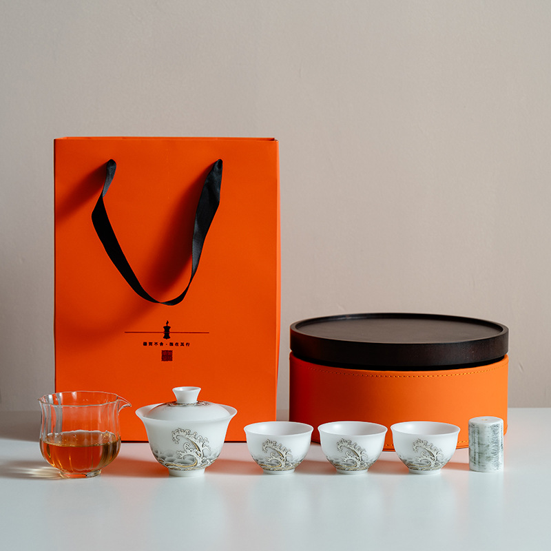 Bộ trà du lịch cầm tay ngoài trời bằng sứ ngọc bích đá Bộ bát pha trà mỡ cừu nắp cốc trà trọn bộ hộp quà