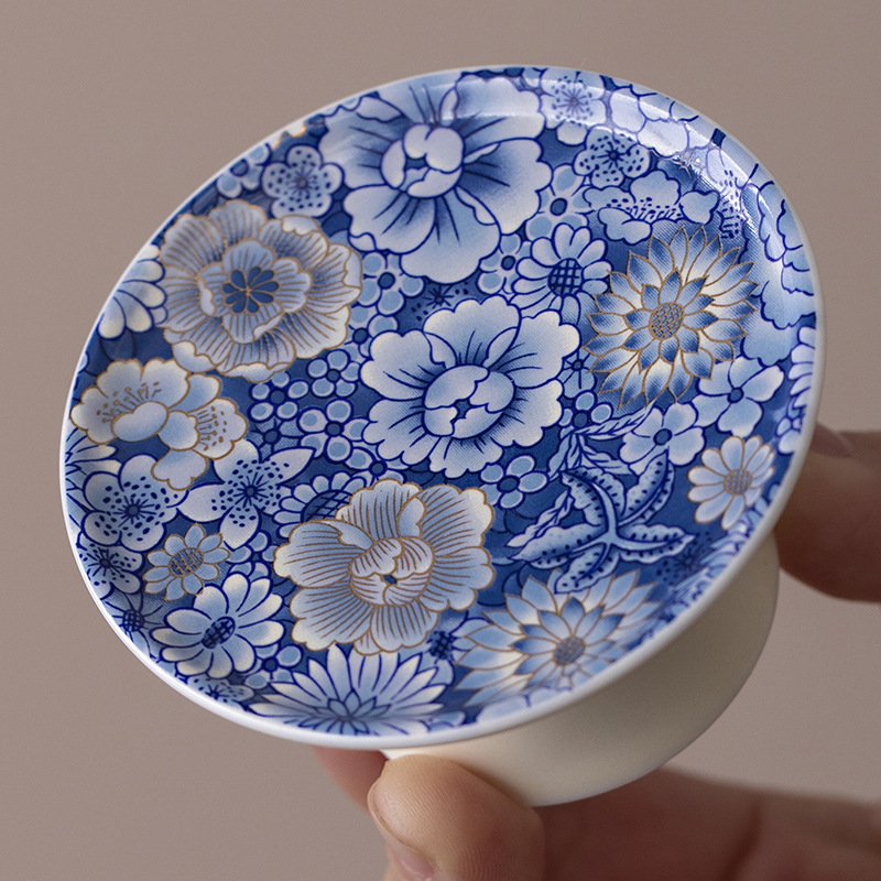 Phụ kiện trà đạo Kung Fu cao cấp tráng men trắng xanh gia dụng cổ điển ốp sứ nắp nắp bát