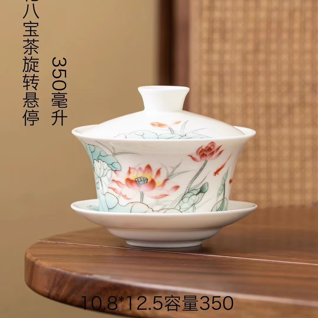 Bát có nắp di chuột bằng gốm sứ cỡ lớn Bộ trà sứ trắng Đức Hoa cao cấp không nóng bát pha trà tám báu