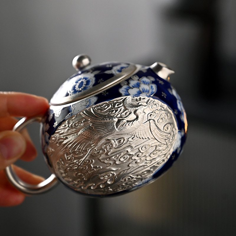 He Fusen Pure Silver Pot Longfeng XiShi Ấm trà trắng xanh nổi thủ công Bộ trà Kung Fu mạ bạc Ấm pha trà gia dụng