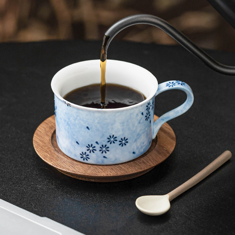 Cốc cà phê gốm hoa cúc xanh, cốc trộn tinh tế cao cấp, cốc có giá trị cao, cốc chuyên dụng cà phê, cốc trà