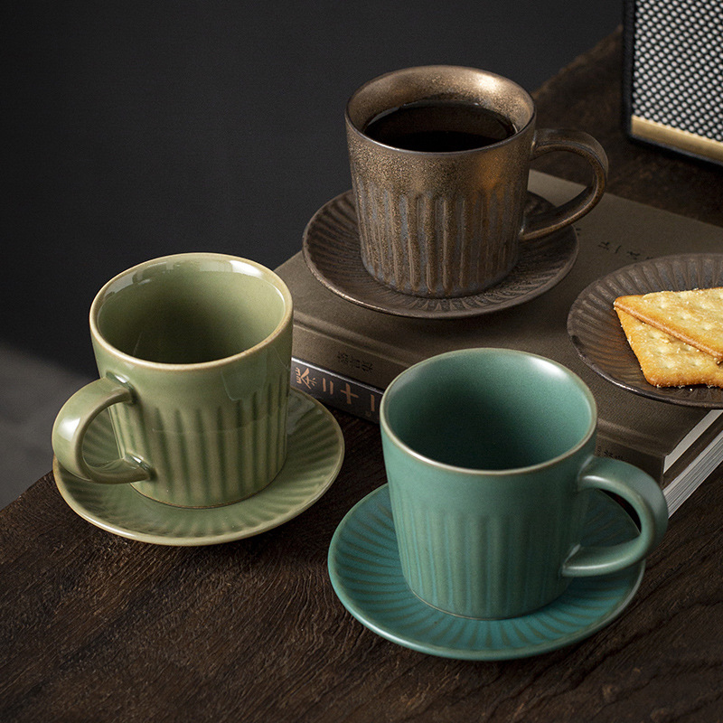 Bộ cốc và đĩa cà phê gốm thô cổ điển cốc trà gốm sứ gia dụng cốc sữa sáng tạo cốc trà chiều cốc nước