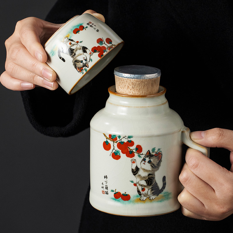 Cốc cốc ấm mèo dễ thương dưới hồng Ru Kiln cốc pha trà cao cấp văn phòng gia dụng có nắp cốc nước sáng tạo