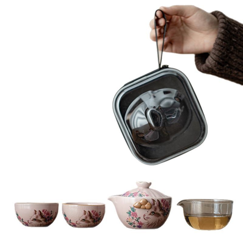 Dụng cụ pha trà du lịch một ấm hai cốc dành cho mèo hoa hồng