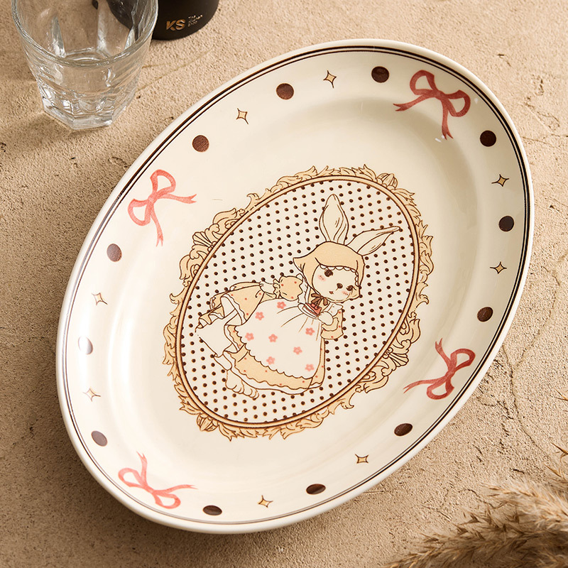 Đĩa cá gốm tráng men màu Đĩa ăn gia dụng Đĩa hình bầu dục thỏ hoạt hình sáng tạo Đĩa cá chuyên dùng cho lò vi sóng