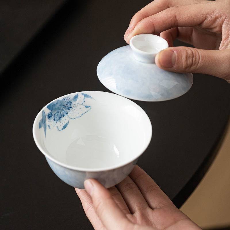 Bát nắp treo gốm sứ vẽ tay, cốc trà, bát pha trà xanh Lily Xiyan, bộ pha trà gia dụng Trung Quốc có nắp, một chiếc