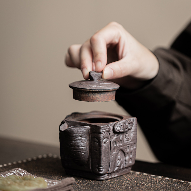 Ấm tay cầm tay hình vuông Zen Shadow Old Rock Clay Dụng cụ pha trà Kung Fu gốm thô gia dụng Ấm trà đơn dùng cho cá nhân không nóng