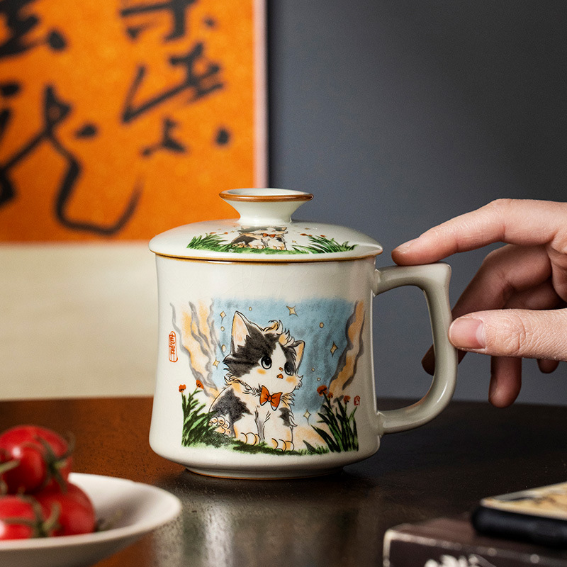 Cốc mug mèo dễ thương Ru Kiln cốc gốm cốc nước văn phòng cốc cao cấp sang trọng nhẹ gia dụng dung tích lớn