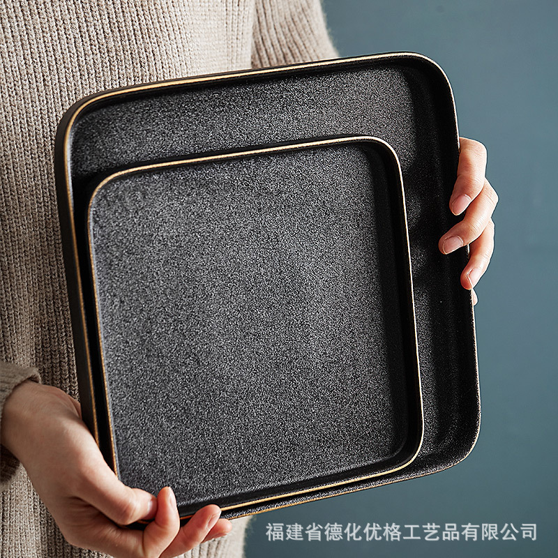 Đĩa bít tết tráng men mờ pha lê đen Bộ dao nĩa đồ ăn phương Tây Đĩa bít tết sáng tạo kiểu Nhật Bản gia dụng Đĩa phẳng Bộ đồ ăn khách sạn