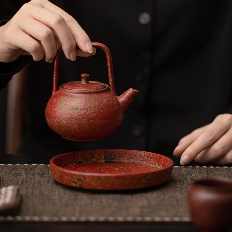 Khay đựng ấm trà kiểu cổ điển Trung Quốc, chất liệu đất sét đỏ núi đá cũ, nhỏ gọn, dùng trong gia đình, phụ kiện trà đạo.