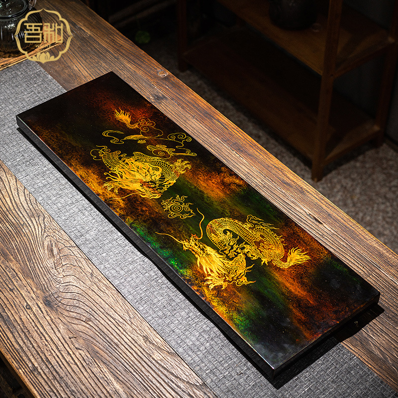 Bộ ấm trà sơn mài Su Yuan: Khay trà khô sơn mài Phúc Châu vẽ tay hình rồng đôi chơi đùa với ngọc trai, khay trà gỗ mun đen sơn mài, khay trà cao cấp.