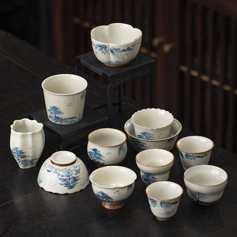 Vẽ tay phong cảnh cỏ tro cốc trà cốc đơn hộ gia đình gốm sứ retro chủ cốc Kung Fu trà trà cốc