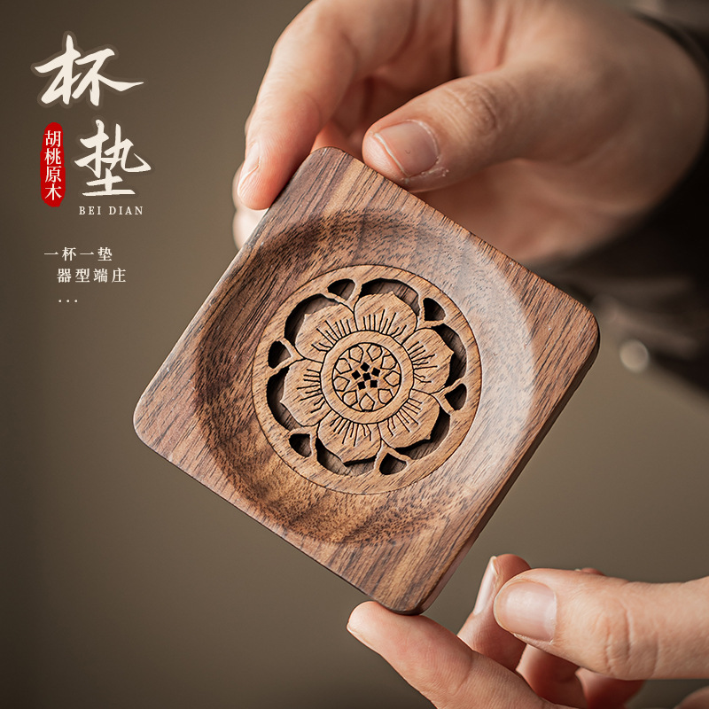 Lót cốc gỗ óc chó, cốc trà trữ nước thủ công hình vuông hình tròn hình hoa sen, lót cách nhiệt, giá để cốc, bộ phụ kiện