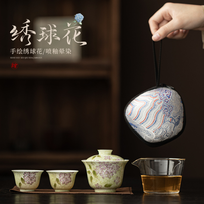 Bát hoa cẩm tú cầu vẽ tay có nắp bộ trà du lịch cầm tay một bát hai cốc gốm sứ nhanh cốc pha trà cắm trại ngoài trời