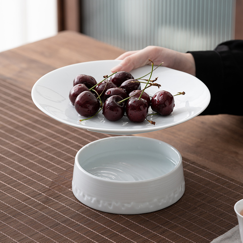 Khay đựng trái cây hai lớp thoát nước Xiangfu khay đựng trà gốm sứ cỡ lớn khay đựng trà phòng khách Khay đựng trái cây chân cao gia dụng