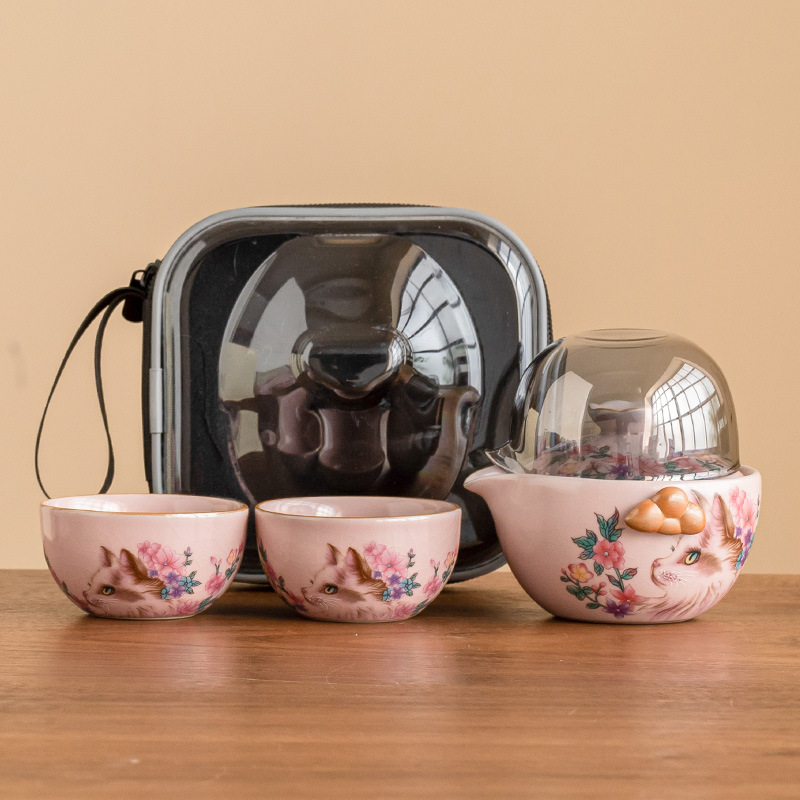 Jisu Ru lò hoa mèo Xiangyun cốc khách nhanh ngoài trời bộ trà du lịch di động có thể mở một ấm hai cốc