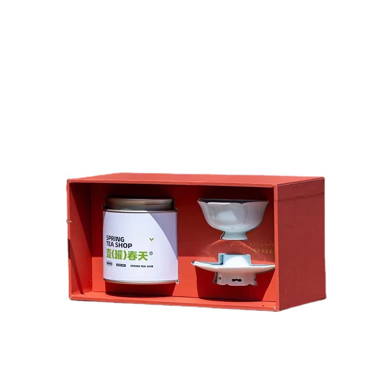 Một lon trà cốc mùa xuân, bộ hộp quà, tách trà gốm, trà xanh, bao bì trà Long Tỉnh thời nhà Minh, hộp rỗng