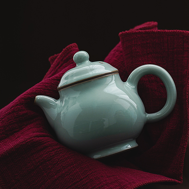 Bộ ấm trà Kung Fu bằng gốm sứ ở lò Houhu Ấm trà nhỏ Lò Ru Ấm trà đơn màu lục lam có thể giữ ấm pha trà đơn thủ công
