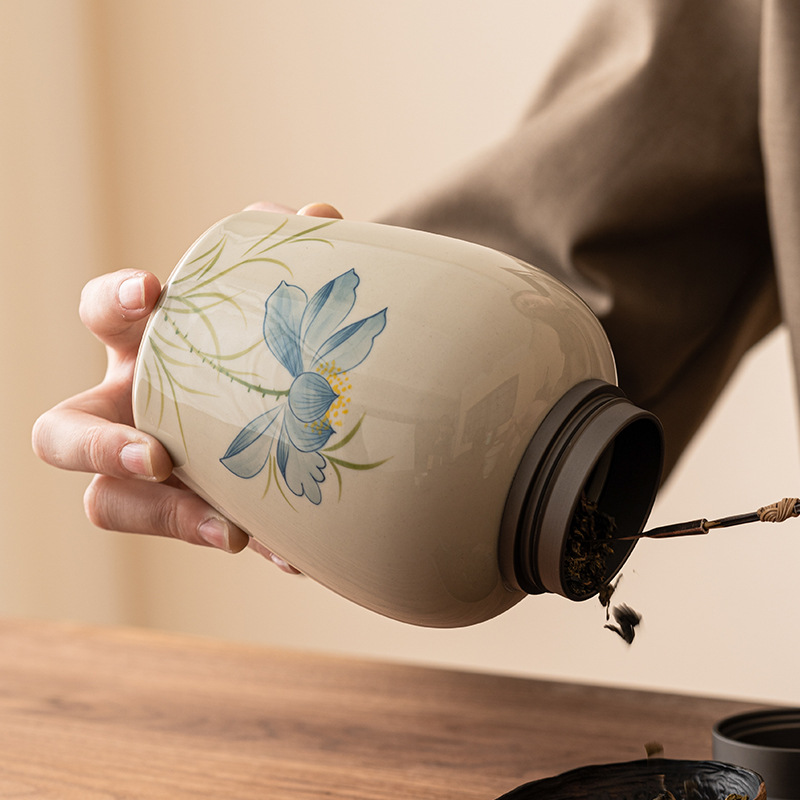 Bình trà hoa sen xanh xám thực vật, bình kín, bình đựng trà gia dụng cao cấp cao cấp, bộ trà kho trà lớn chống ẩm