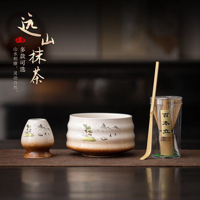 Bộ dụng cụ pha trà matcha gốm sứ 4 món Nhật Bản, gồm dụng cụ đánh bọt và khuấy trà, kèm giá đỡ và chén trà