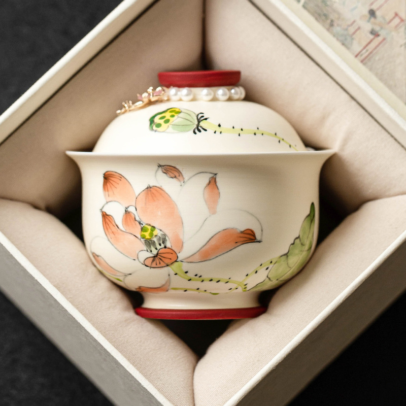 Cốc trà nắp gốm sứ hồng cốc trà hoa sen vẽ tay dung tích lớn bộ trà kungfu có nắp bát trà đơn