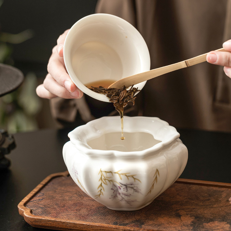 Gốm sứ Jianshui rửa trà vẽ tay hoa tử đằng chậu nước cạnh dưa phụ kiện bộ trà gia dụng thùng bã trà rửa bút chậu trà rửa chén
