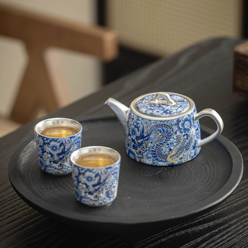 Bộ ấm trà bạc rồng phượng cao cấp bộ trà bạc mạ bạc thủ công quà tặng tay bộ trà Kung Fu cầm tay hộp quà tách trà