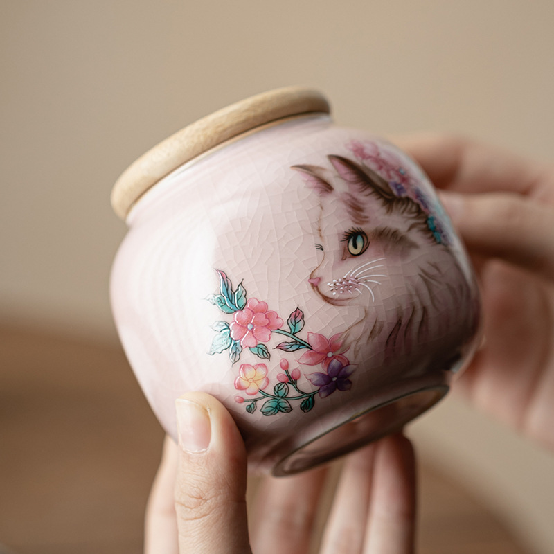 Hộp đựng trà mèo hoa lò Fenru, hộp đựng trà nhỏ bằng gốm, hộp kín chống ẩm, trà đen, trà xanh, kho trà Pu'er