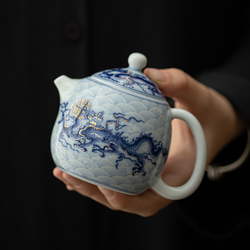 Ấm trứng rồng hoa văn rồng vàng bạc ấm trà gốm sứ ấm đơn dụng cụ pha trà Kung Fu cao cấp ấm pha trà gia dụng cổ điển dung tích nhỏ