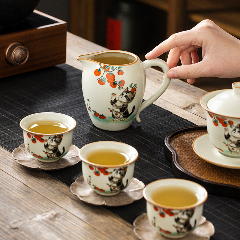Bộ ấm chén trà Kung Fu gốm sứ màu be Ru Kiln Persimmon mèo dễ thương, chén trà đơn, chia trà.