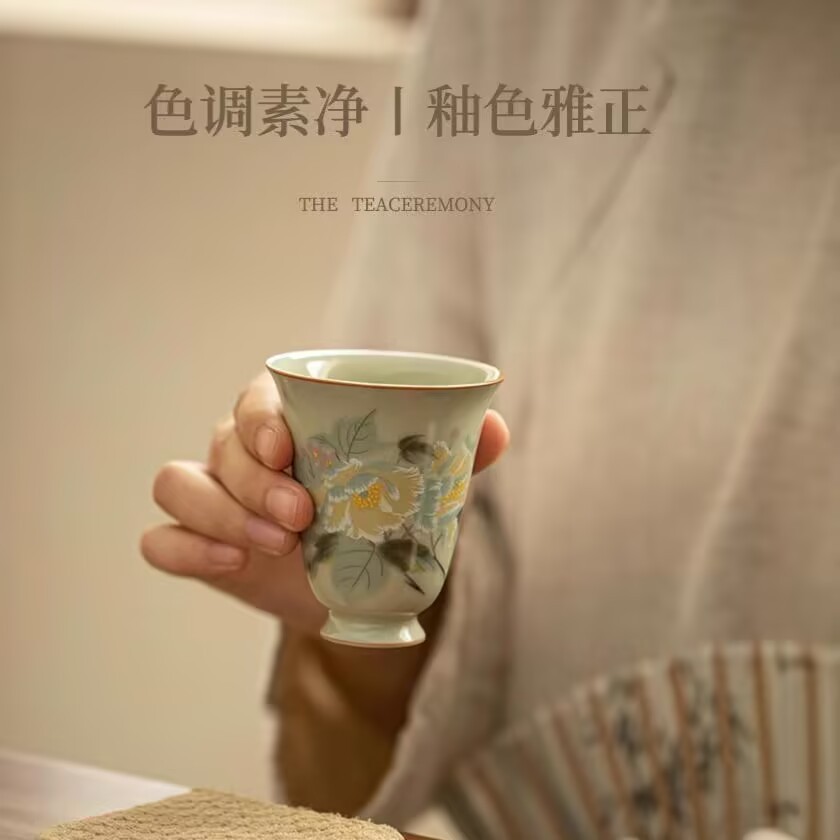 Màu vàng bí mật lò Ru hoa và chim hình ảnh bình trà cốc chủ nhân tách trà cốc gốm sứ chuông gió bộ trà Kung Fu Trung Quốc phong cách retro