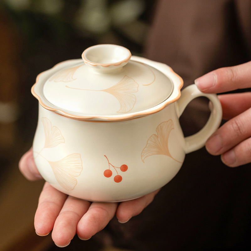 Cốc văn phòng hoa bạch quả màu be cốc chuyên dụng cá nhân cốc gốm có nắp cốc tách nước trà cốc pha trà