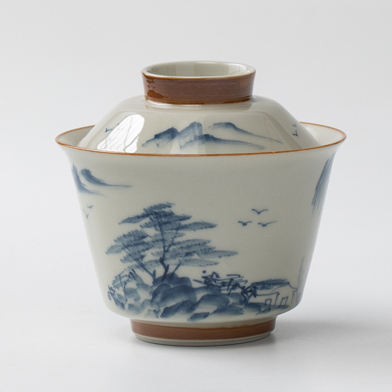 Ba báu Gaiwan vẽ tay với tro cỏ, Bát trà đơn dùng trong gia đình, Tách trà cao cấp, Bộ trà Kung Fu, Bát trà bằng gốm.