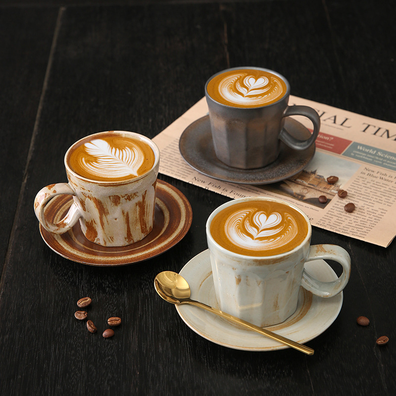 Bộ tách cà phê cổ điển, cảm giác thiết kế, gốm sứ đặc trưng thích hợp, latte đậm đặc, cốc trà tinh tế, gốm thô