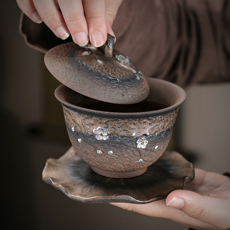 Bộ trà gốm thô mạ vàng kiểu Nhật Bộ trà Kung Fu nguyên bộ gốm sứ gia dụng văn phòng đơn giản có nắp ấm chén