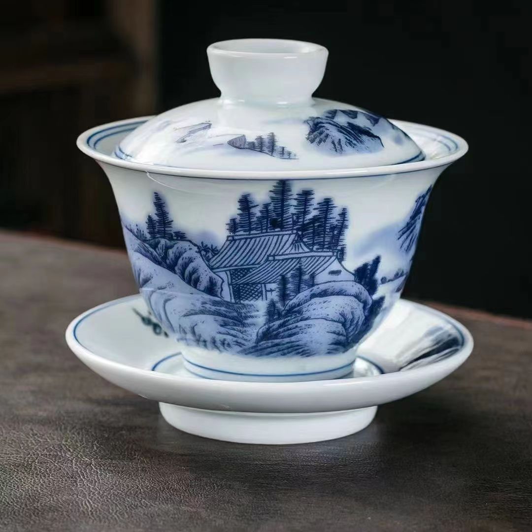 Bát Có Nắp gốm sứ Jingdezhen Bát Có Nắp sứ trắng xanh gia dụng Bát pha trà Bát có nắp tam tài cỡ lớn Cốc trà Kung Fu