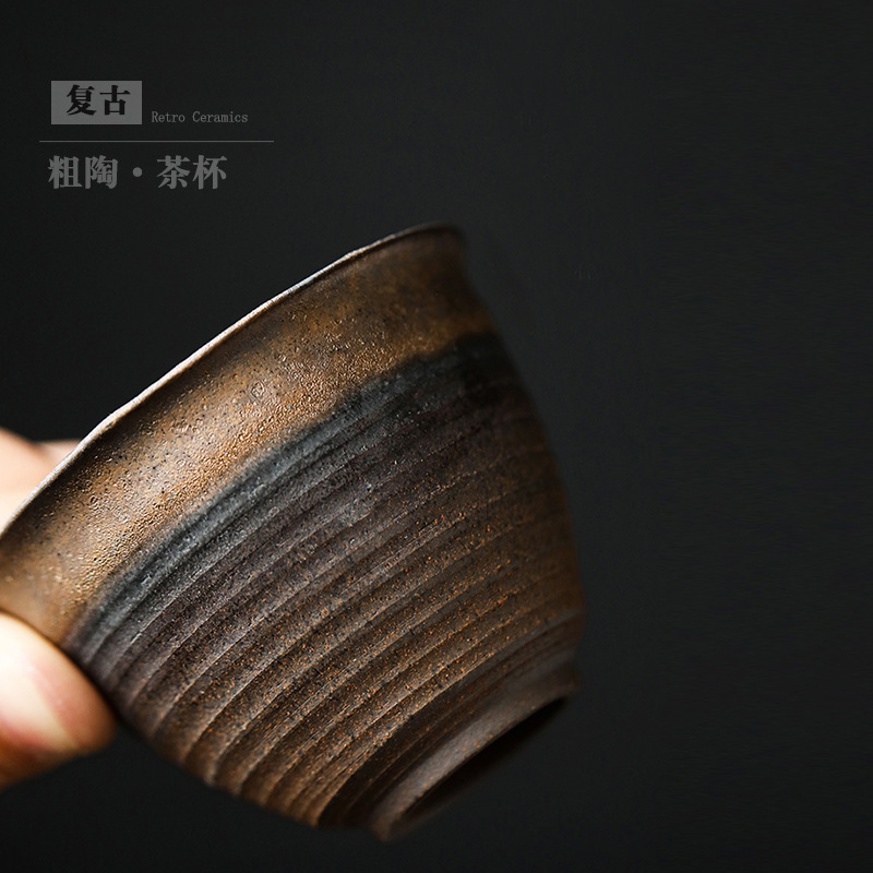 Cốc trà gốm thô, cốc trà gốm sứ, bộ trà kung fu gia dụng cổ điển, cốc đơn, bát trà nhỏ, cốc chủ nhân, bán buôn mạ vàng