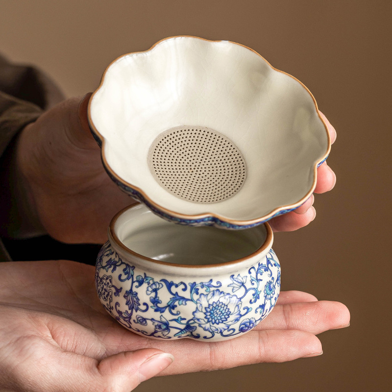 Lọc trà lọc trà gốm sứ Ru Kiln Phụ kiện bộ trà Kung Fu gia dụng Bộ lọc trà hoa sen xanh trắng