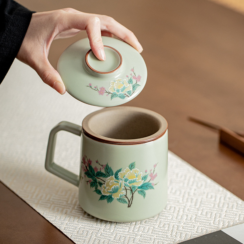 Màu xanh lá cây Ruyao Furong cốc văn phòng hộp quà cốc gốm sứ gia dụng cốc tách trà chuyên dụng cá nhân cốc pha trà