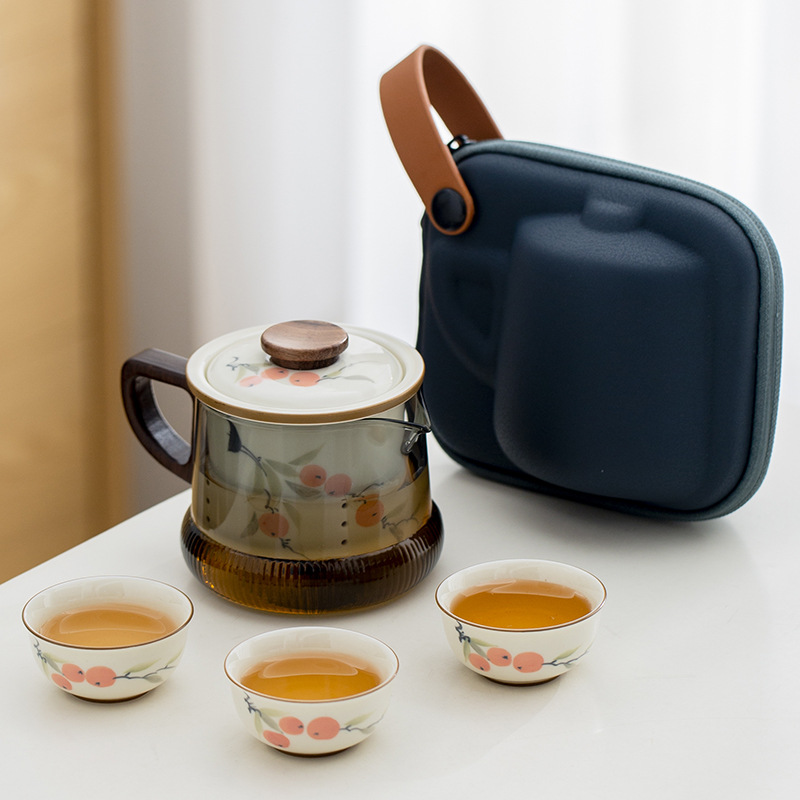 Bộ trà du lịch vẽ tay, cốc khách nhanh bằng gốm, bộ cốc trà Kung Fu trên xe hơi tiện lợi, một ấm ba cốc, cốc pha trà lưu trữ