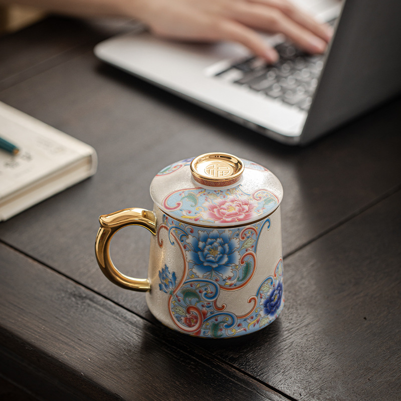 Cốc pha trà men bạc cloisonné cao cấp cốc pha trà gốm sứ chuyên dụng cá nhân tách trà có nắp lọc cốc văn phòng