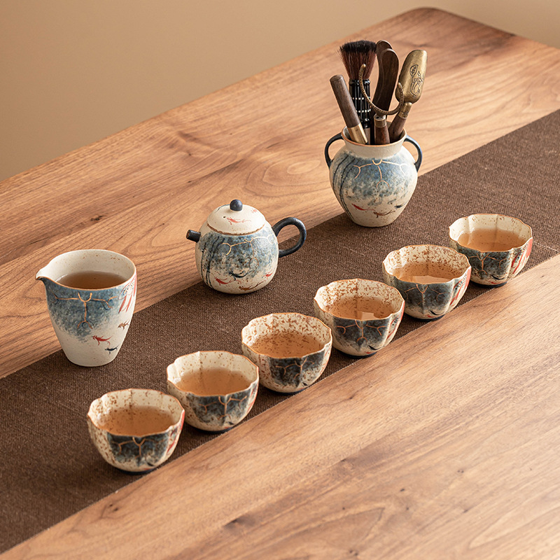 Bộ ấm trà kungfu đỏ đá lửa trắng xanh cực chất ấm pha trà gốm sứ gia dụng sang trọng nhẹ cao cấp mẫu mới 2025